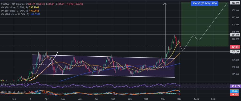 SOL / USDT 1D chart, cup-and-handle pattern breakout. Source: Binance.