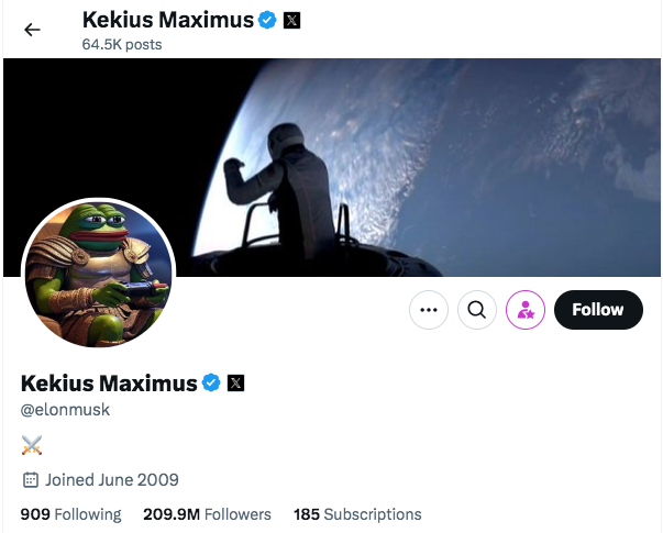 Elon Musk mengganti foto profilnya di X menjadi karakter yang menyerupai PTF, sekaligus mengganti nama penggunanya menjadi “Kekius Maximus.”