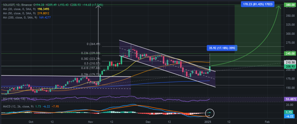 SOL / USDT 1D chart, descending channel pattern breakout. Source: Binance.