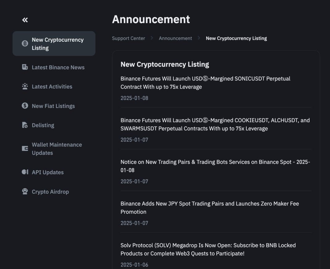 Binance new listings