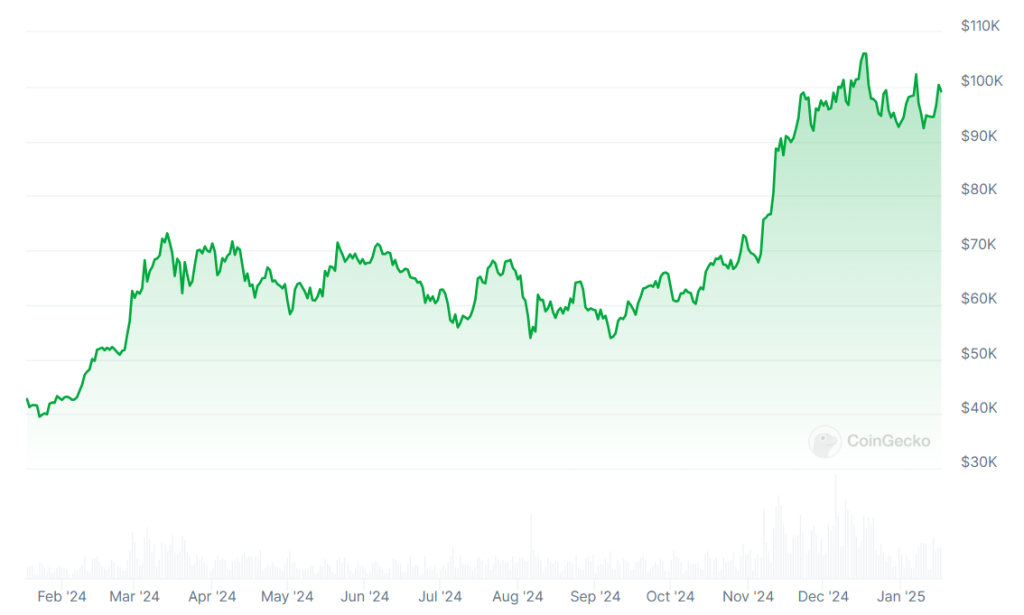 A graph showing Bitcoin prices over the past 12 months.