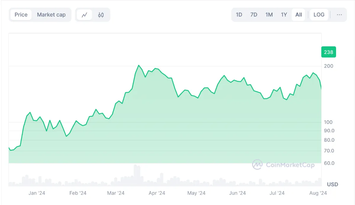 솔라나 코인 가격 차트 - 2024년 1월부터 2024년 8월까지