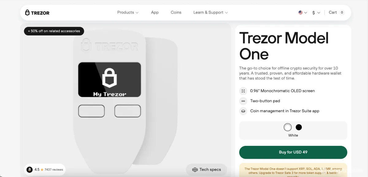 หน้าแรกของ Trezor Model One