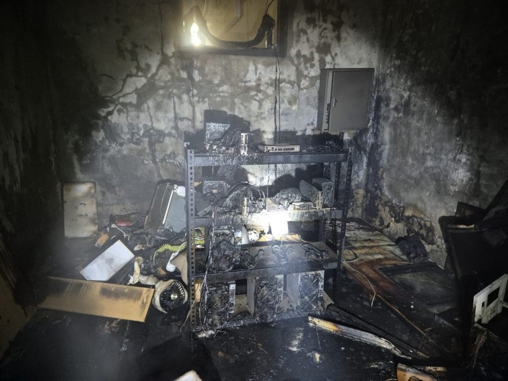 A fire-damaged metal storage unit damaged during a fire in North Jeolla Province, South Korea.