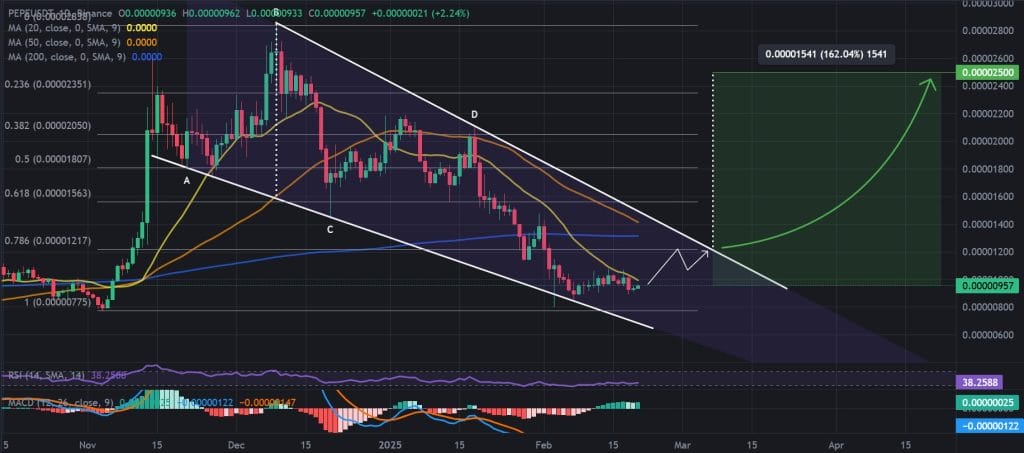 PEPE / USDT 1H chart, falling wedge. Source: Binance.