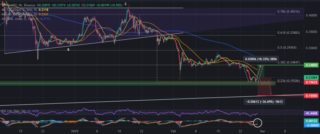 DOGE / USDT 4H chart, double-bottom pattern. Source: Binance.