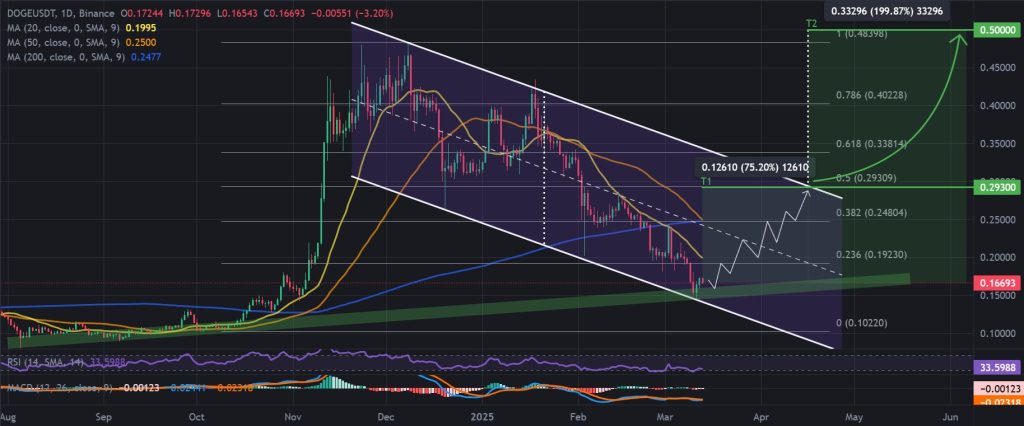 DOGE / USDT 1D chart, descending channel pattern. Source: Binance.