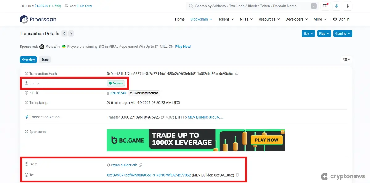 Tracking a transaction on EtherScan