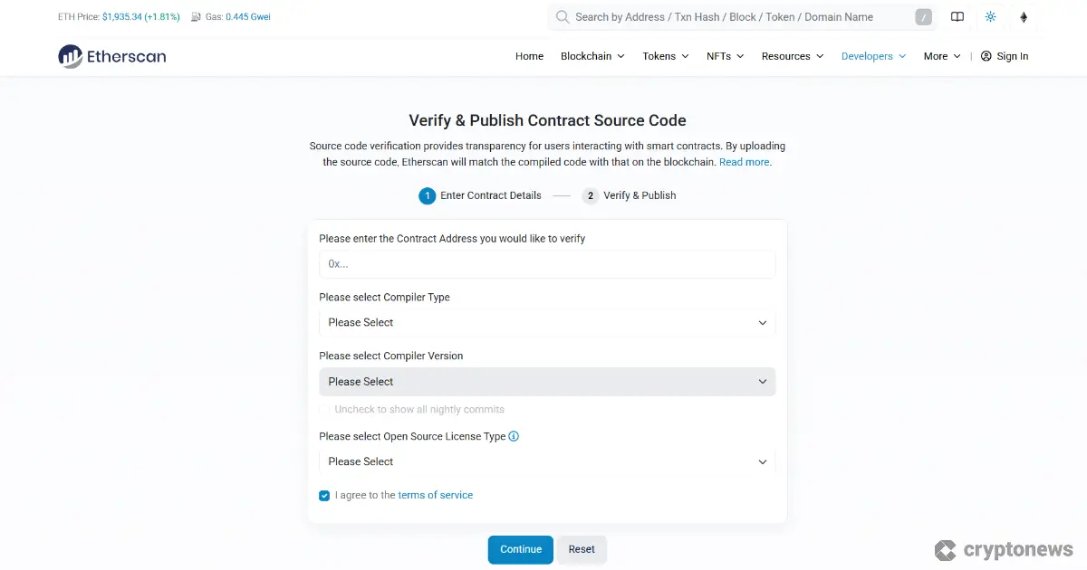 Verifying a smart contract on EtherScan with developer tools