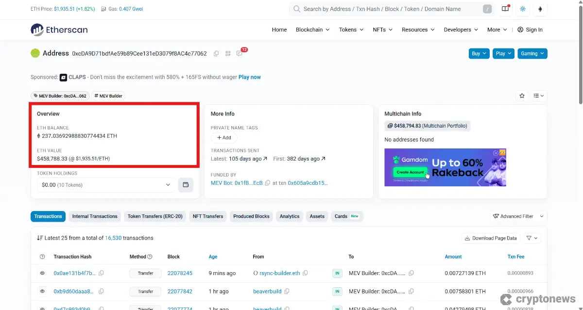Wallet details on EtherScan