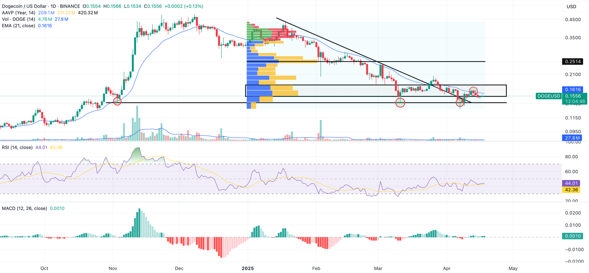 Grafik teknikal menunjukkan bahwa DOGE saat ini tertahan di antara dua level penting