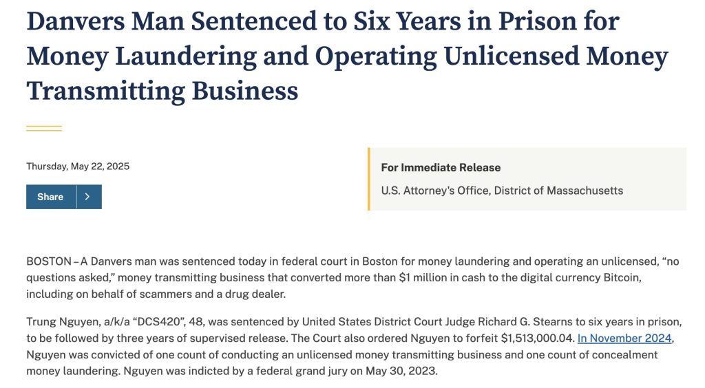 Illicit Bitcoin Service Lands US Man 6-Year Sentence, Must Surrender .5M