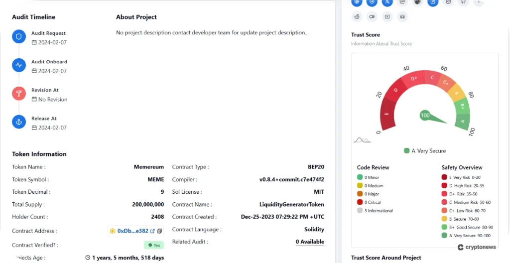 Proof of audit report with smart contract score, tokenomics, and more for the token presale Memereum