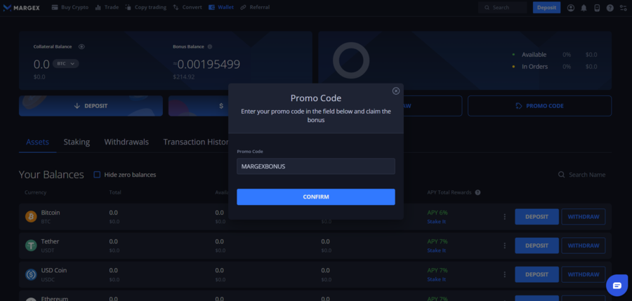 Margex has a separate section for inputting promo codes