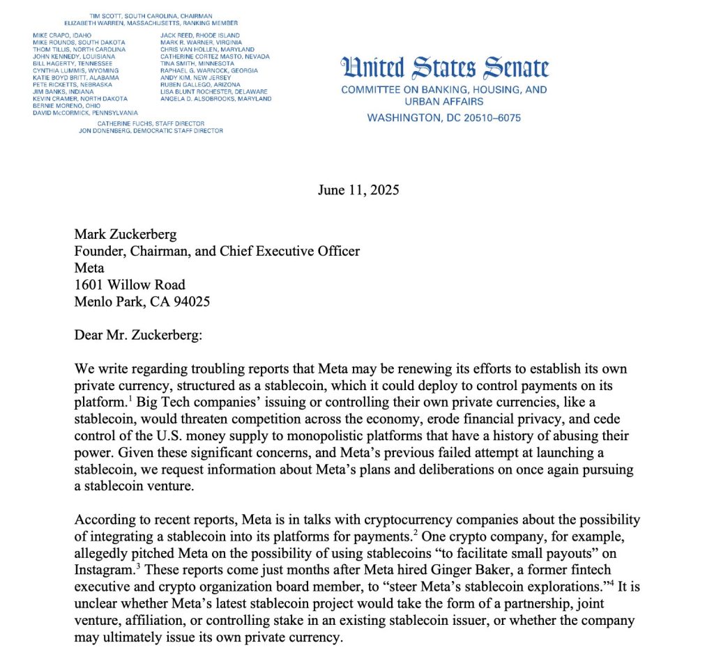 Senators Warren and Blumenthal Go to War Against Meta’s New Stablecoin Scheme, Calling it a ‘Threat’