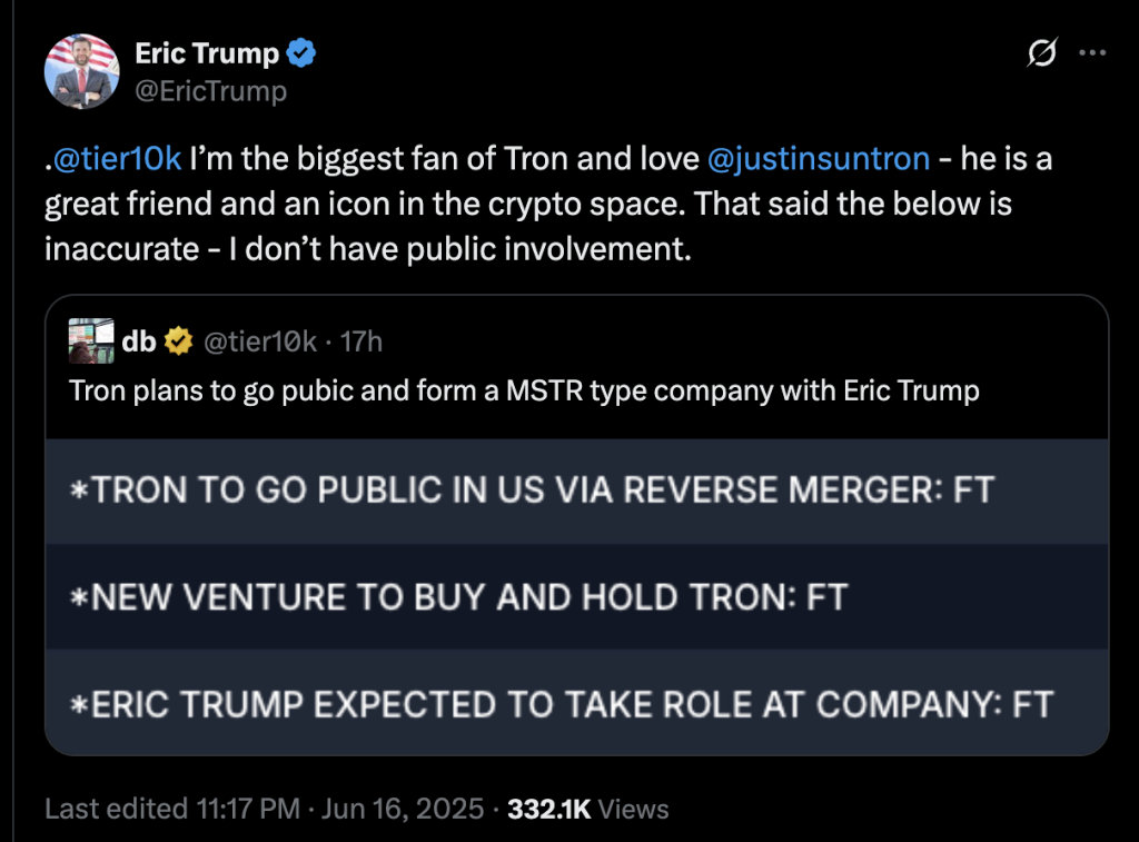 Eric Trump Denies Public Role in Tron’s Nasdaq Push Despite Ties to Deal Broker