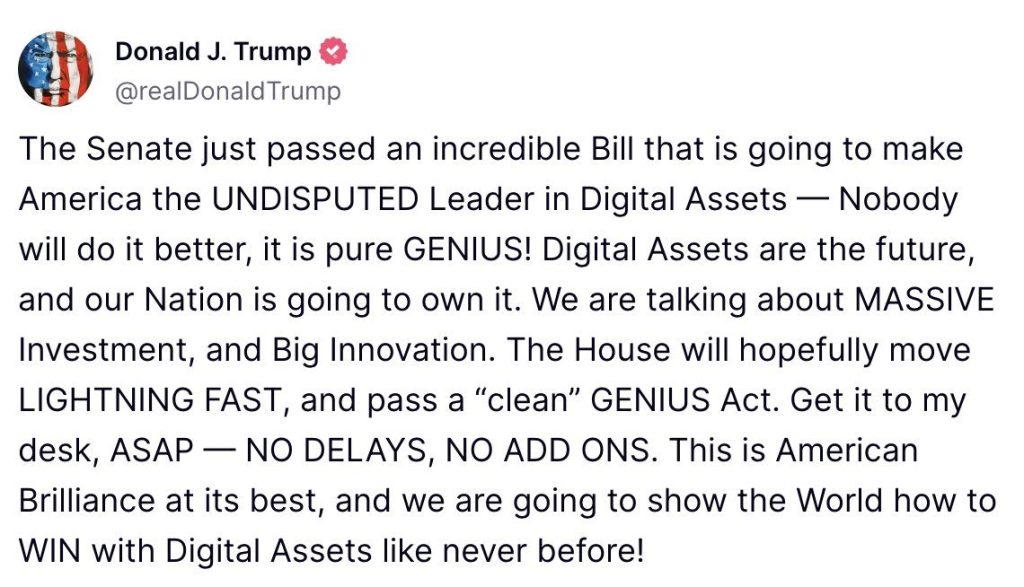 Trump Wants GENIUS Bill Sent Straight to His Desk, Without Congressional Tweaks