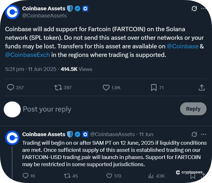 ประกาศการลิสต์ Fartcoin บน Coinbase CEX