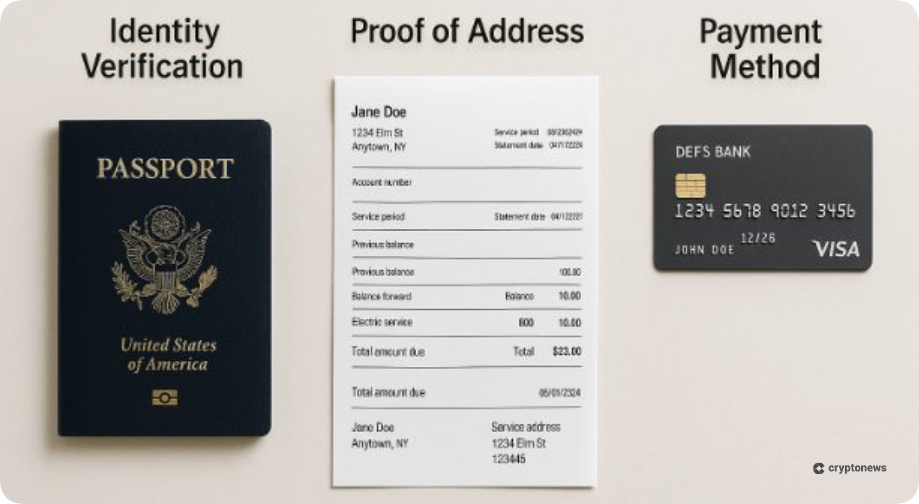 KYC verification example showing passport, utility bill, and credit card as required documents