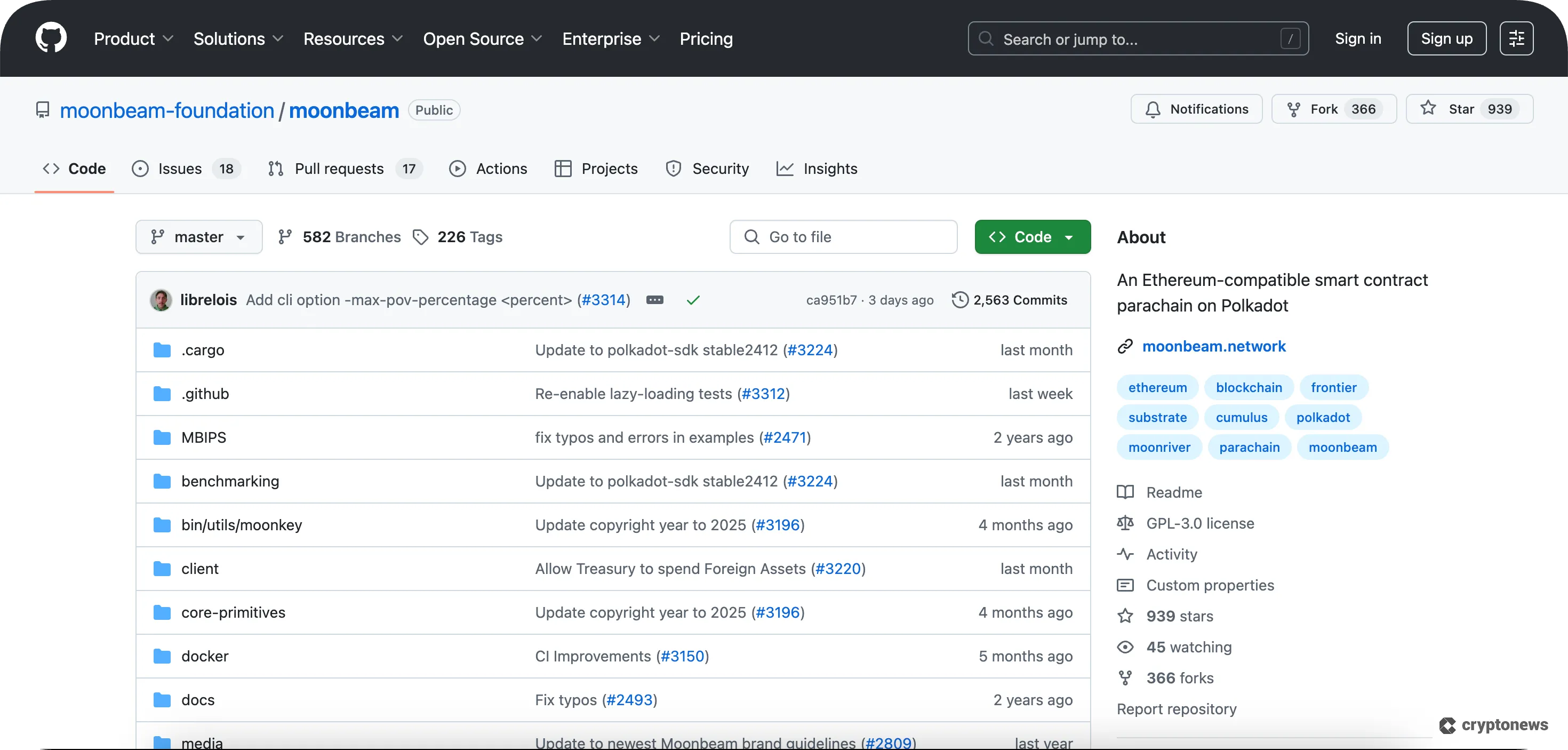 moonbeam (small cap crypto) commits on github