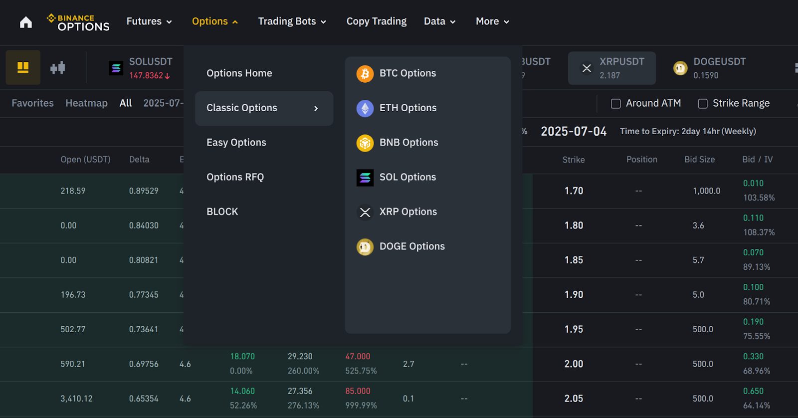 binance xrp options