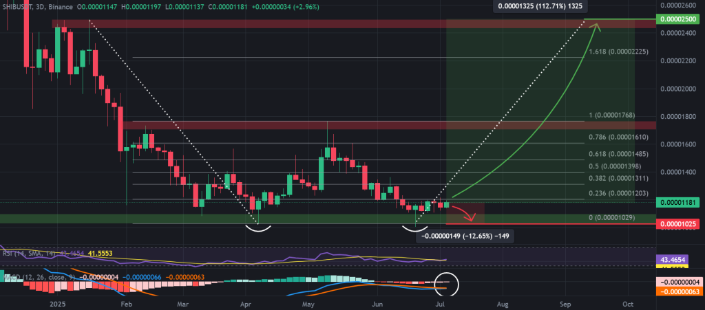 Shiba Inu price 3-day chart, double bottom pattern. Source: TradingView, Binance.