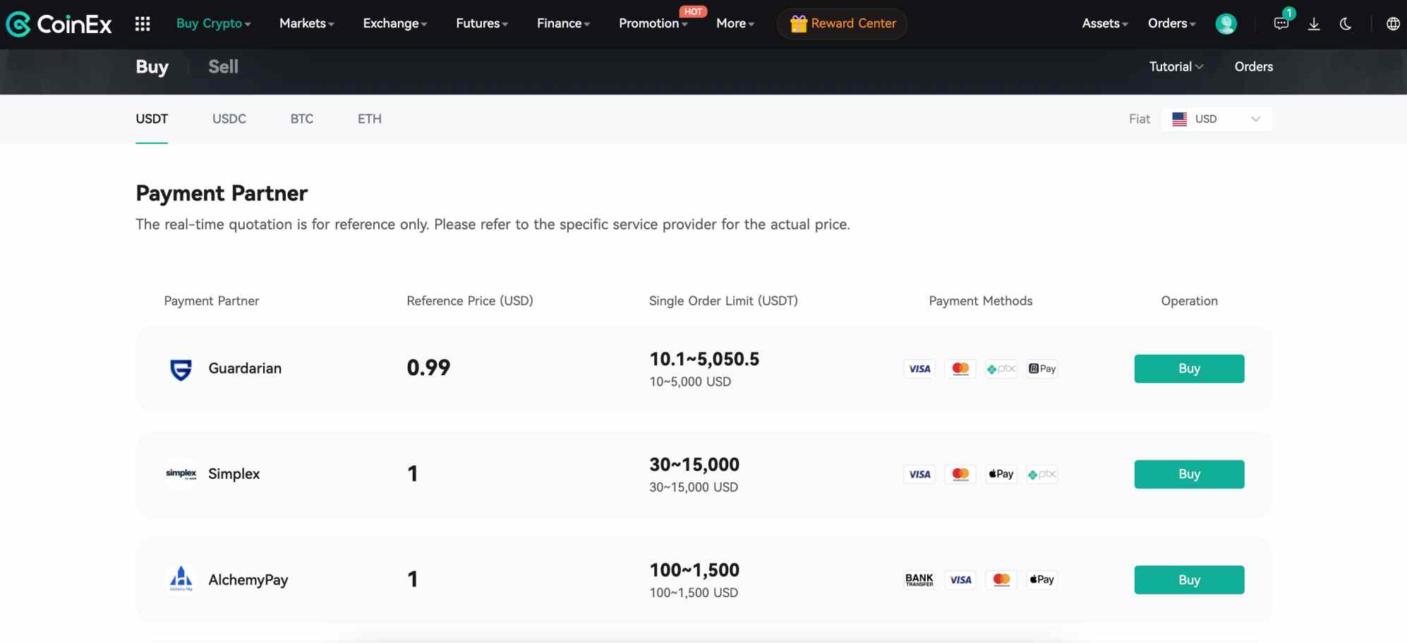 CoinEx buy crypto with credit card