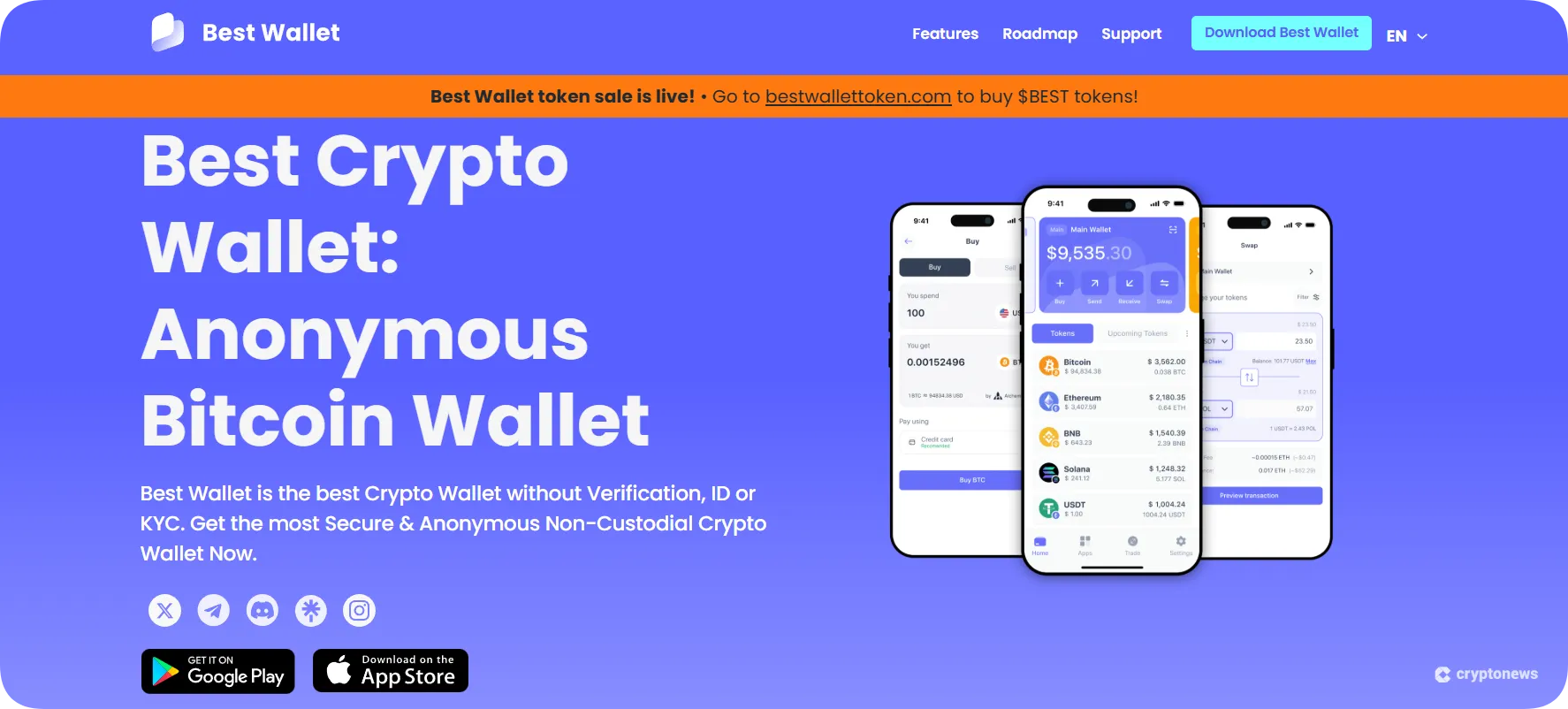 Best Wallet homepage promoting anonymous, non-custodial Bitcoin wallet with app download links