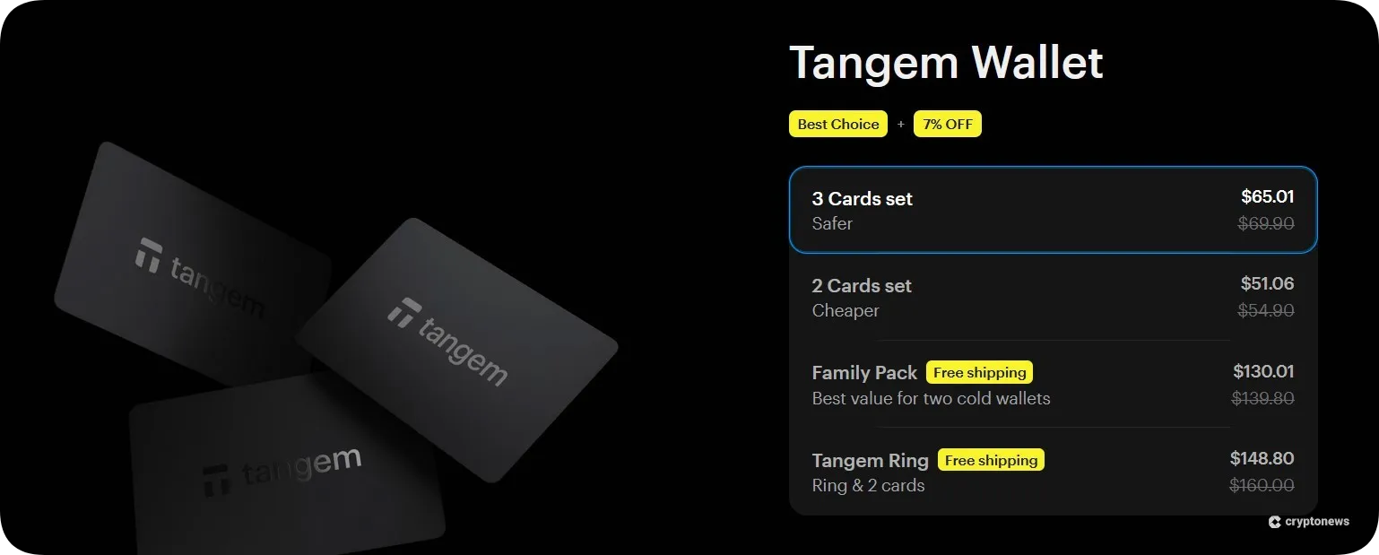 Tangem Wallet product listing showcasing card-based crypto storage options with pricing and free shipping offers
