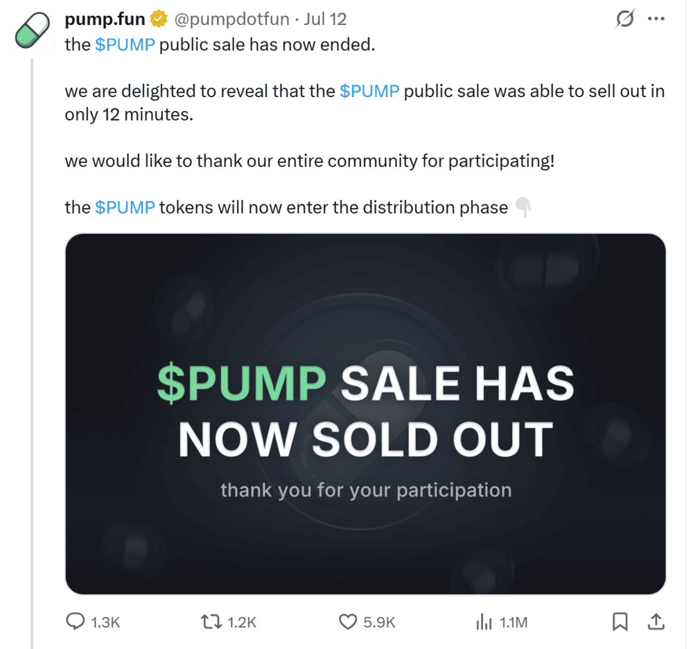 Pump.fun $PUMP Sale Has Sold Out Post