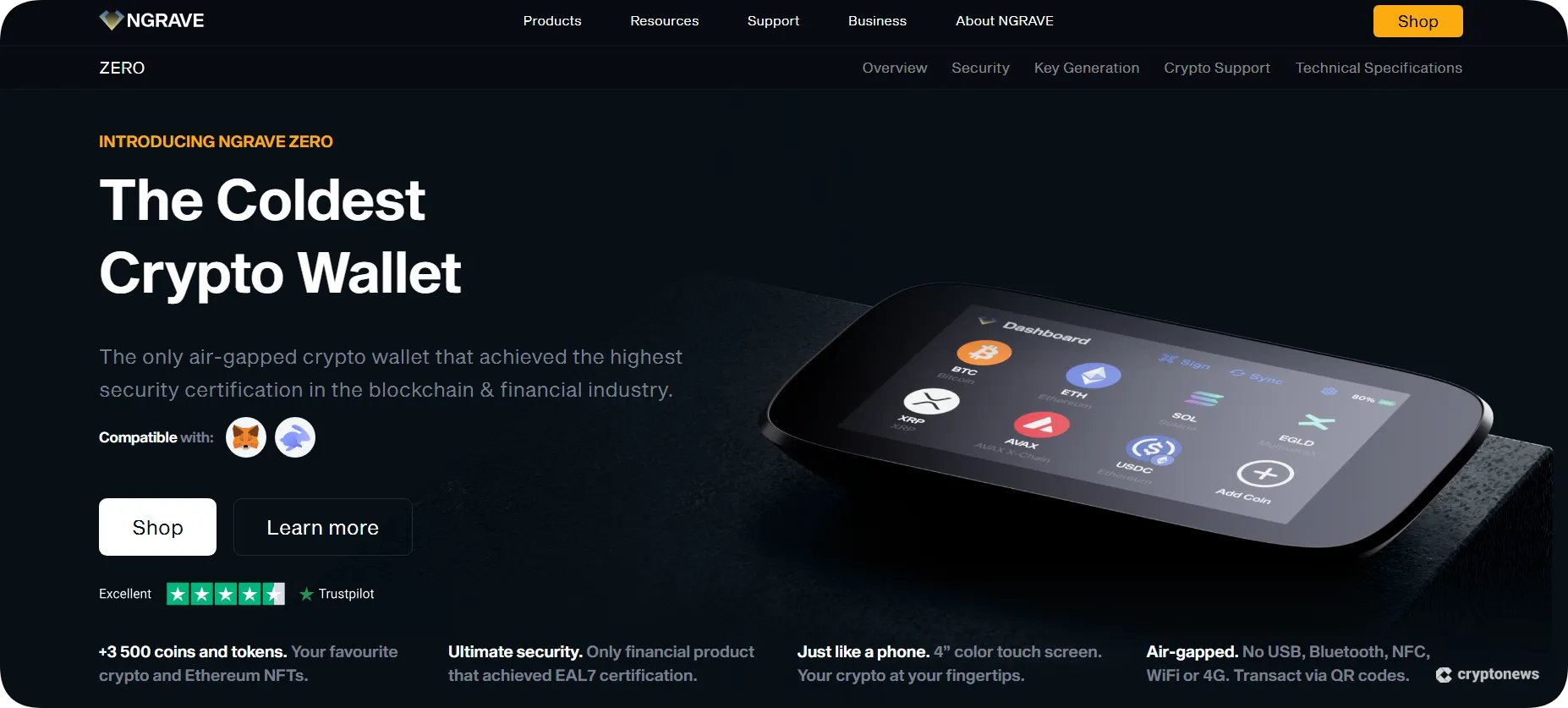 NGRAVE ZERO cold wallet showcased as an ultra-secure, air-gapped crypto wallet with touchscreen and high certification