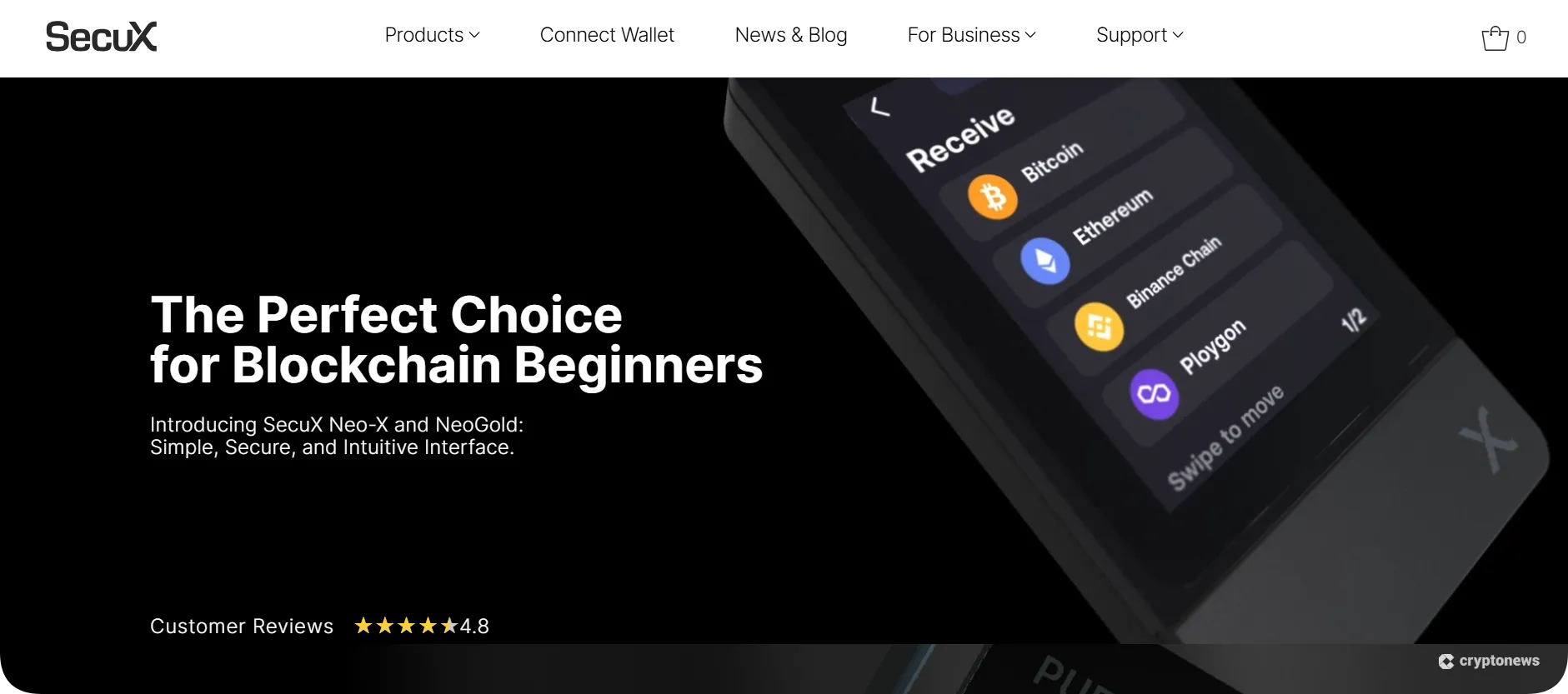 SecuX wallet promotion highlighting beginner-friendly design with support for major blockchains and a 4.8-star rating