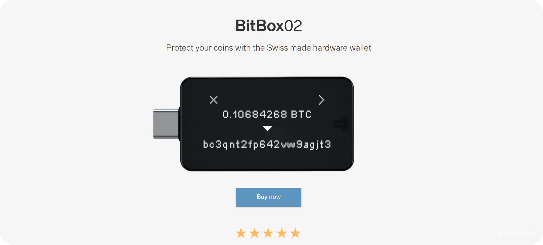 BitBox02 hardware wallet advertisement highlighting Swiss-made crypto protection and a 5-star user rating