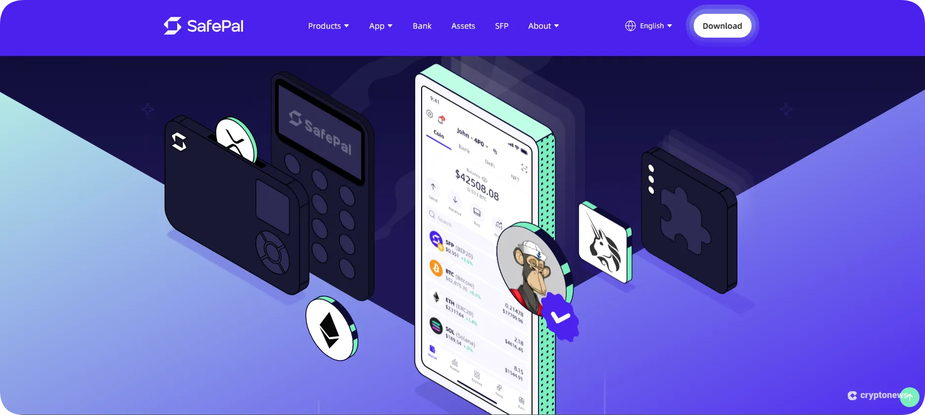 SafePal crypto wallet interface showcasing multi-chain support, NFT integration, and secure hardware options for users