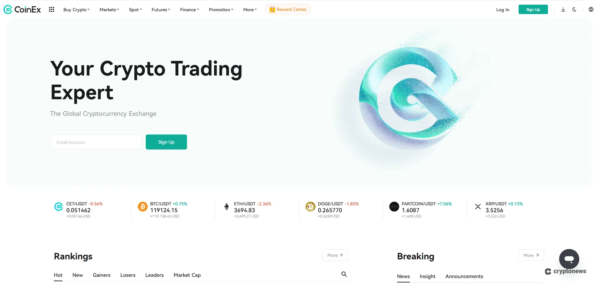 CoinEx homepage promoting global crypto trading with signup form and live market prices