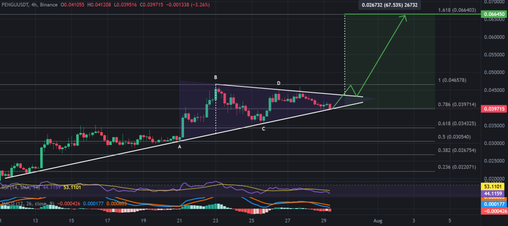 PENGU / USDT 4-hour chart, symmetrical triangle. Source: TraidingView, Binance.