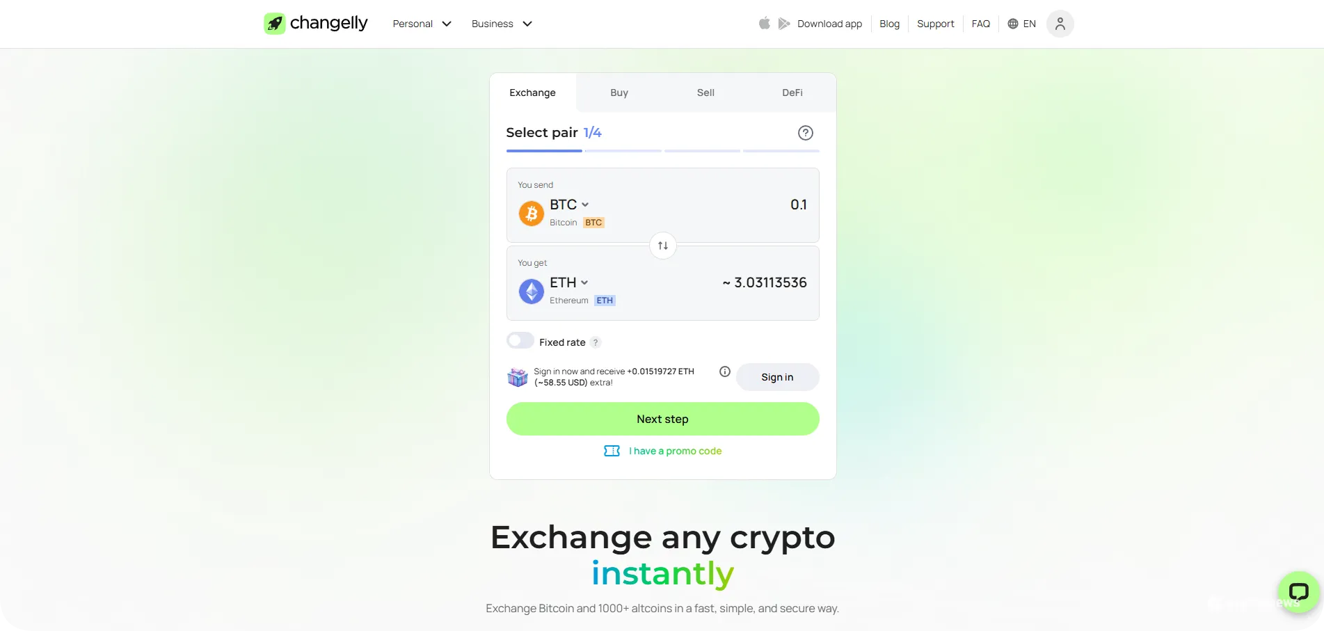 Changelly homepage showing instant crypto exchange interface for swapping Bitcoin to Ethereum
