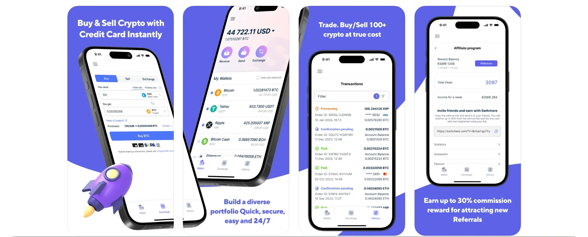 Switchere app promo showing crypto trading, wallet management, and affiliate rewards features