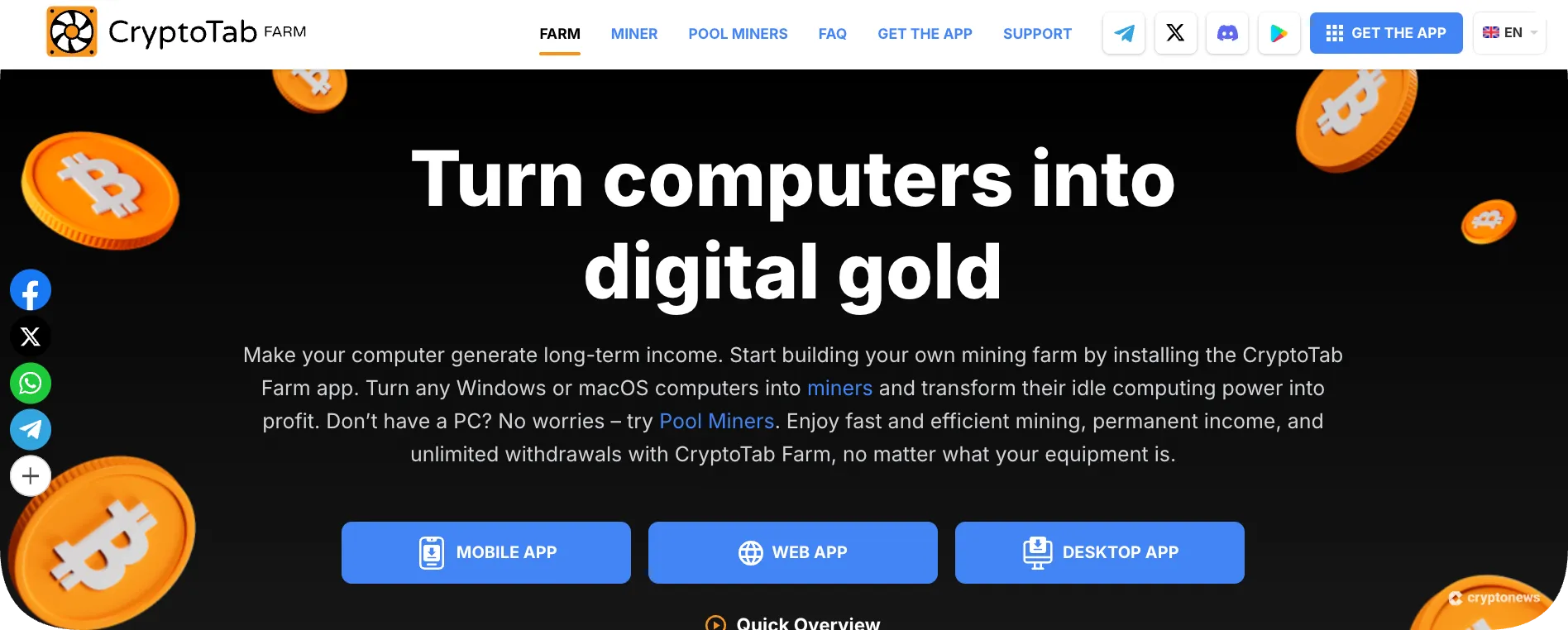 CryptoTab Farm homepage with the headline ‘Turn computers into digital gold,’ description about mining with idle computers, and three CTA buttons: Mobile App, Web App, and Desktop App.