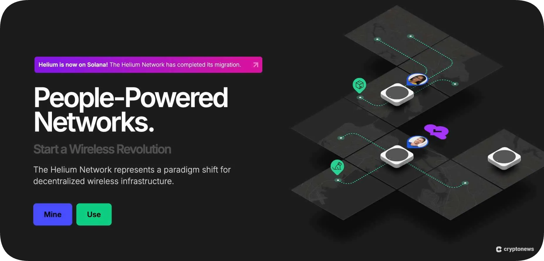Helium Network homepage highlighting people-powered wireless networks, Solana migration banner, node diagram