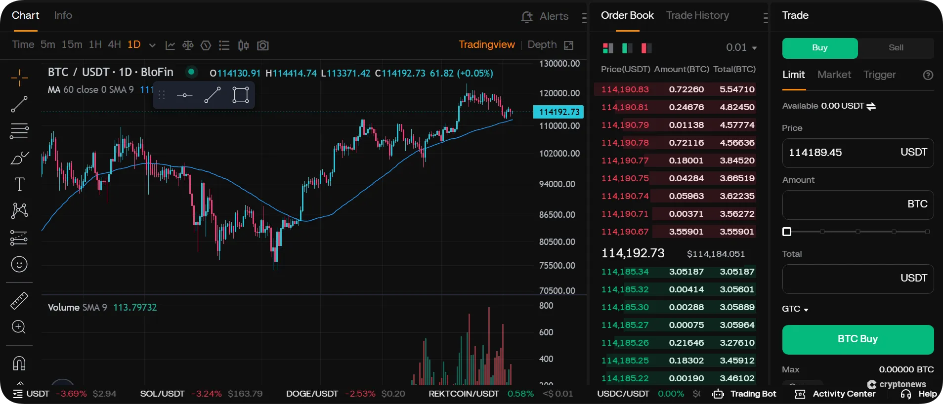 crypto exchange trading interface