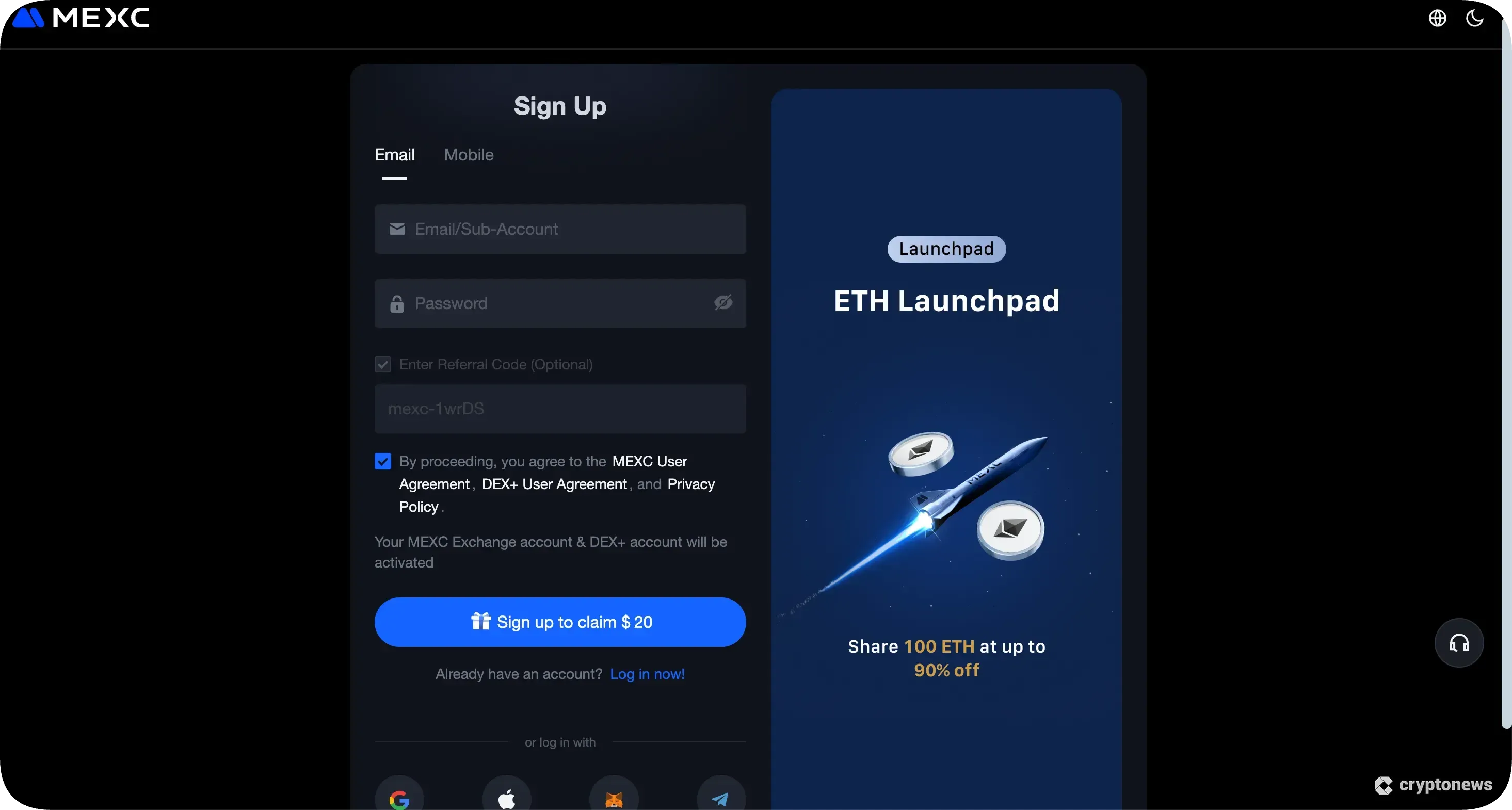 create your account on teh exchange