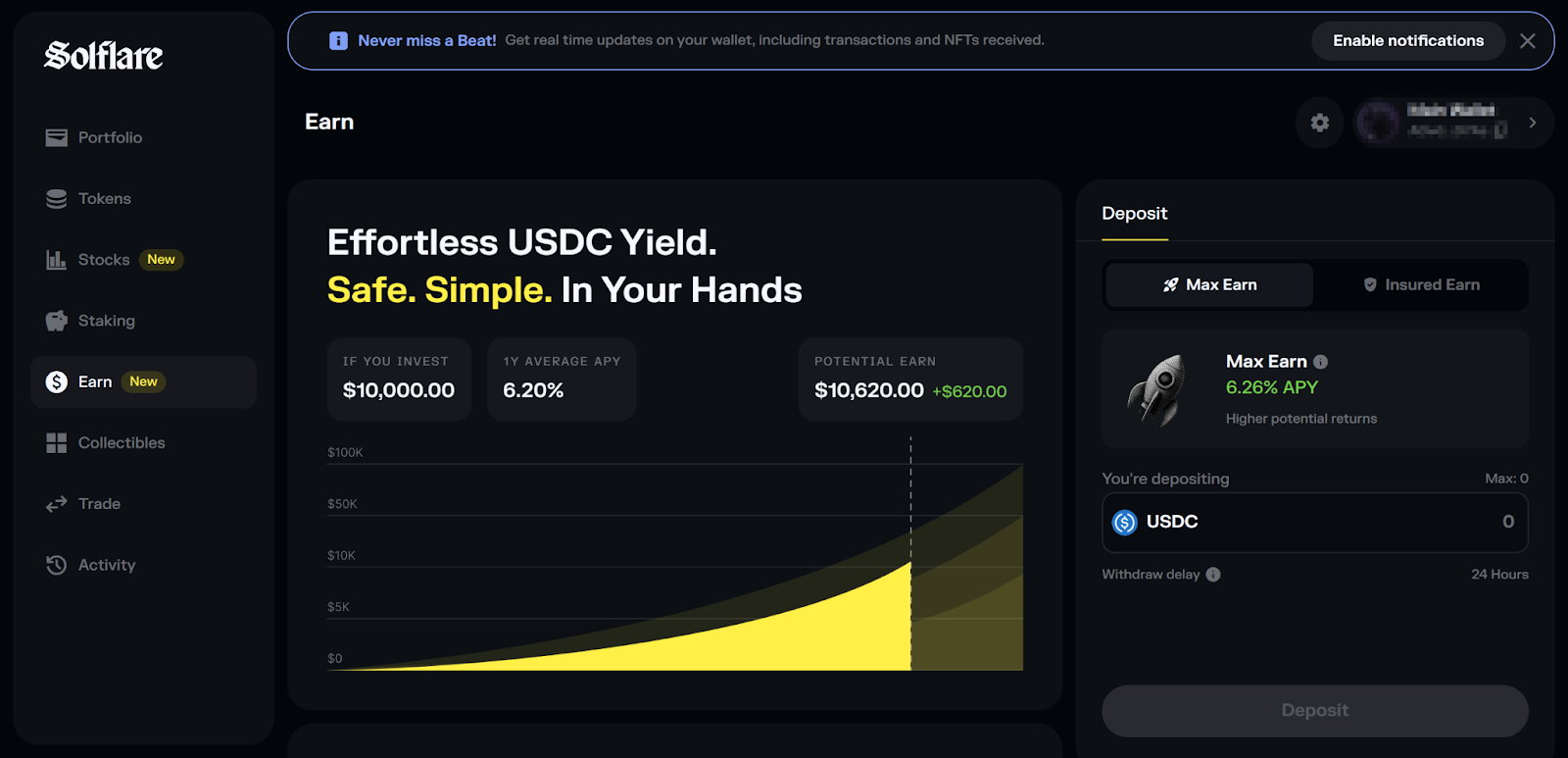 solflare usdc yields