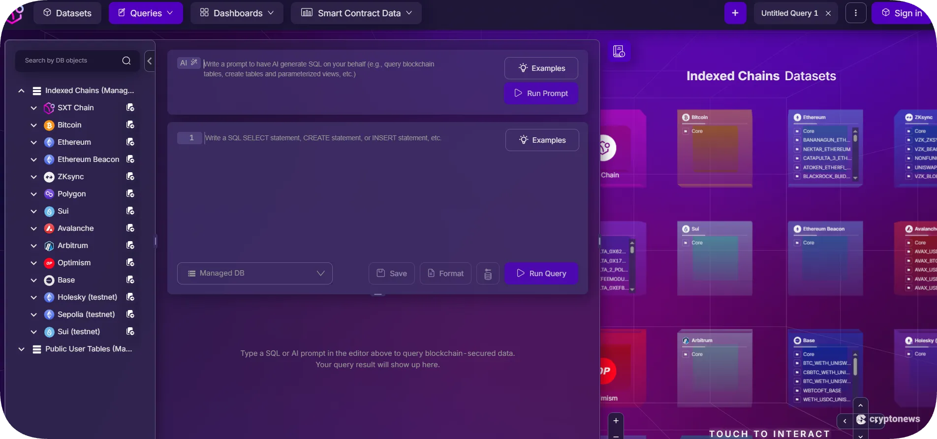 AI data and provenance crypto, Space and Time (SXT), dashboard
