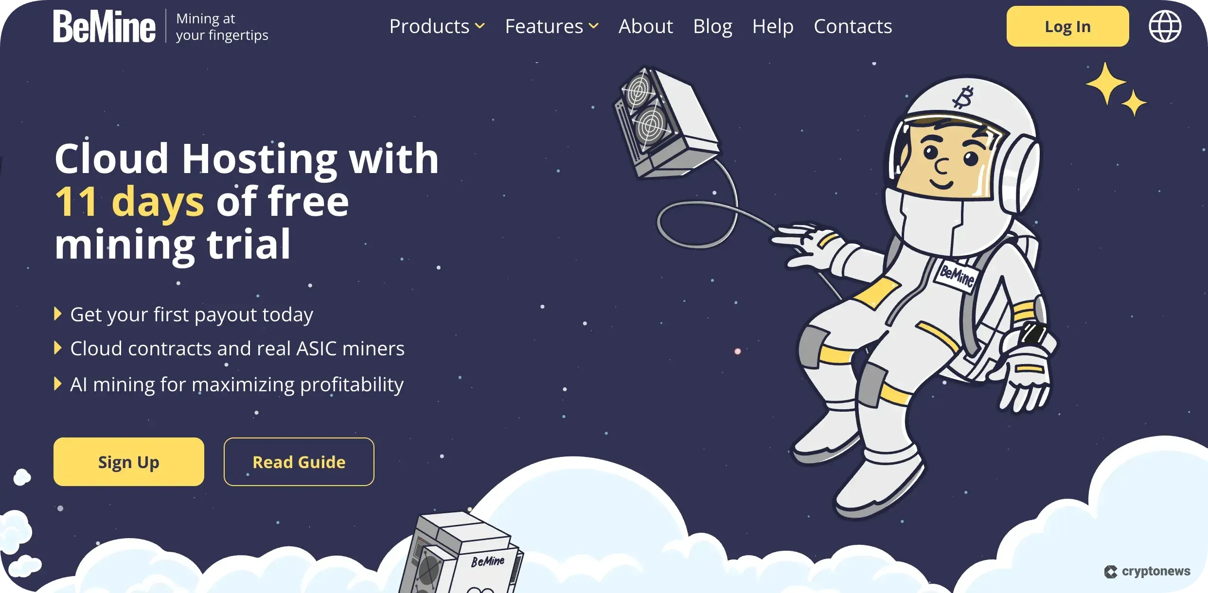 BeMine homepage offering 11-day free cloud mining trial with astronaut illustration floating