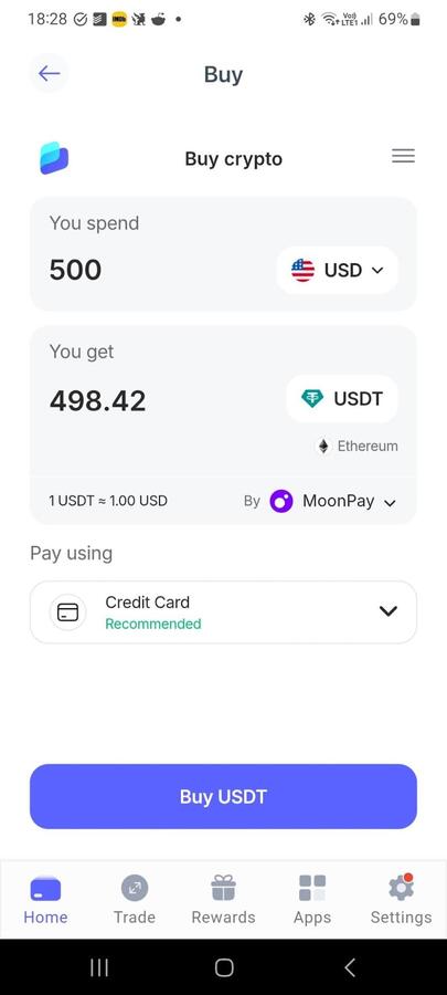การซื้อคริปโตด้วยเงิน Fiat ในแอป Best Wallet บน Android