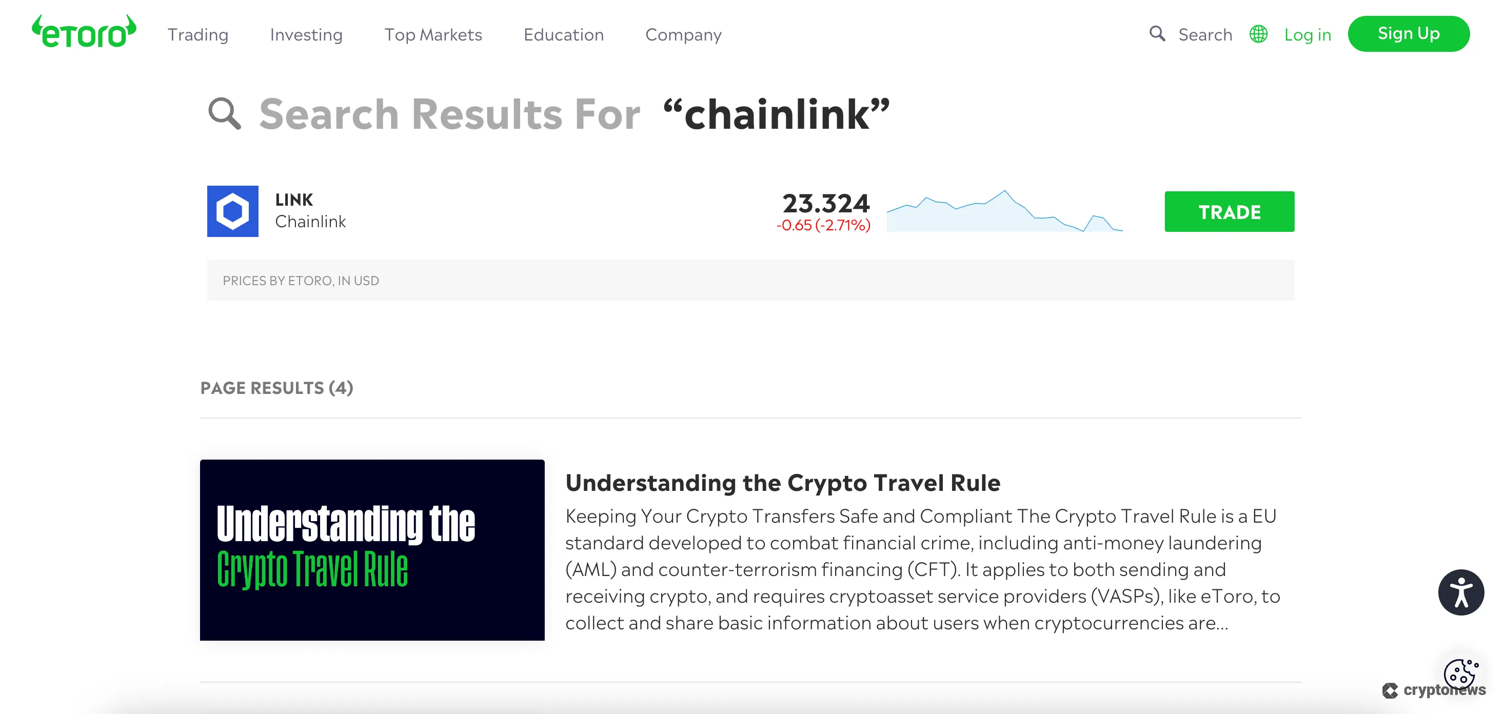 search for chainlink on etoro
