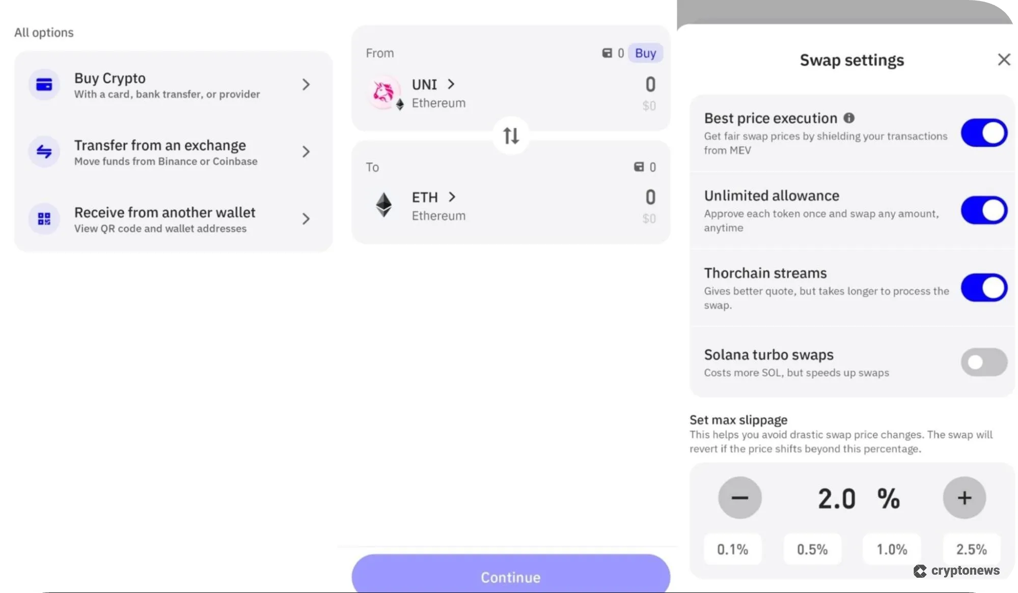buy, sell and swap crypto on test wallet