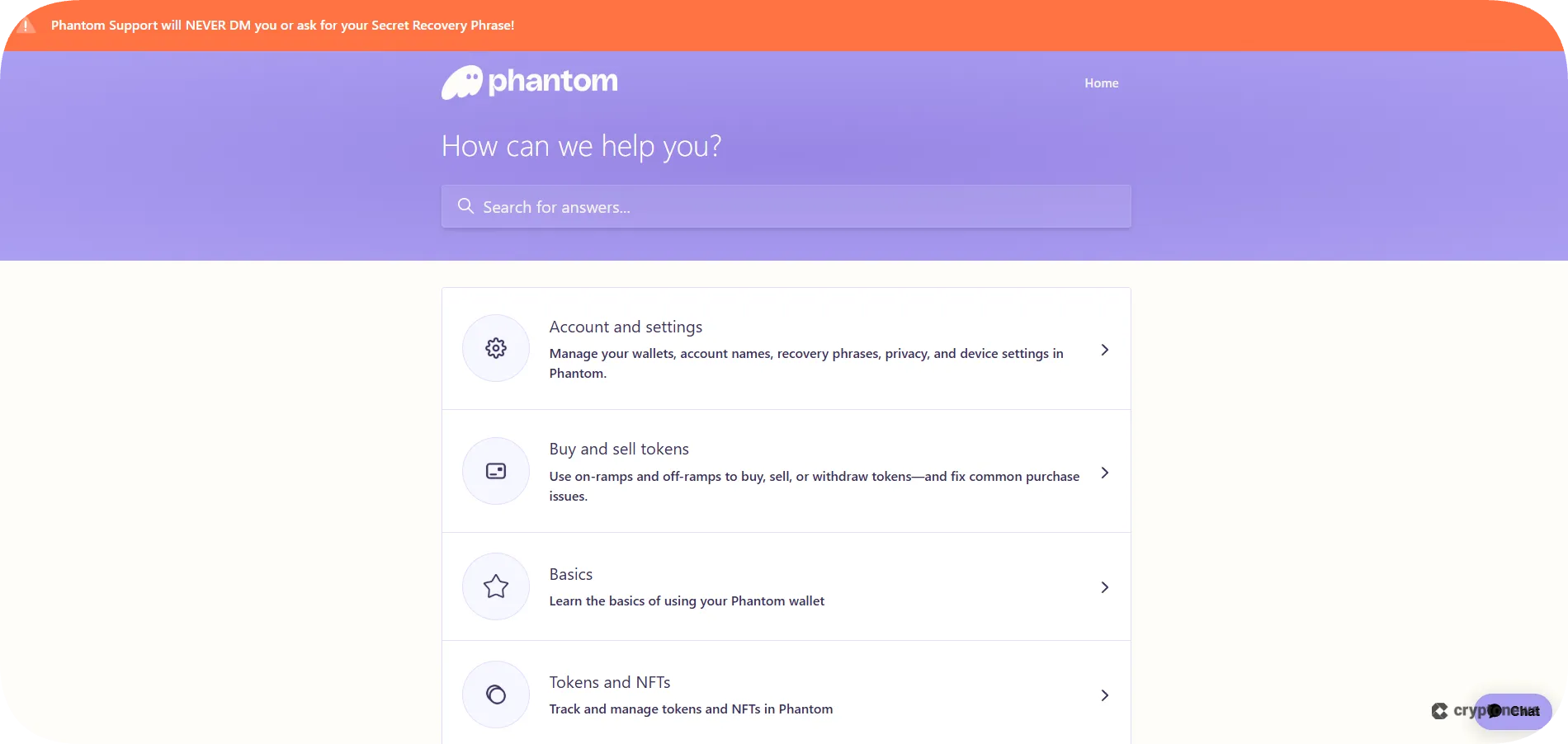 help center and customer support on phantom wallet