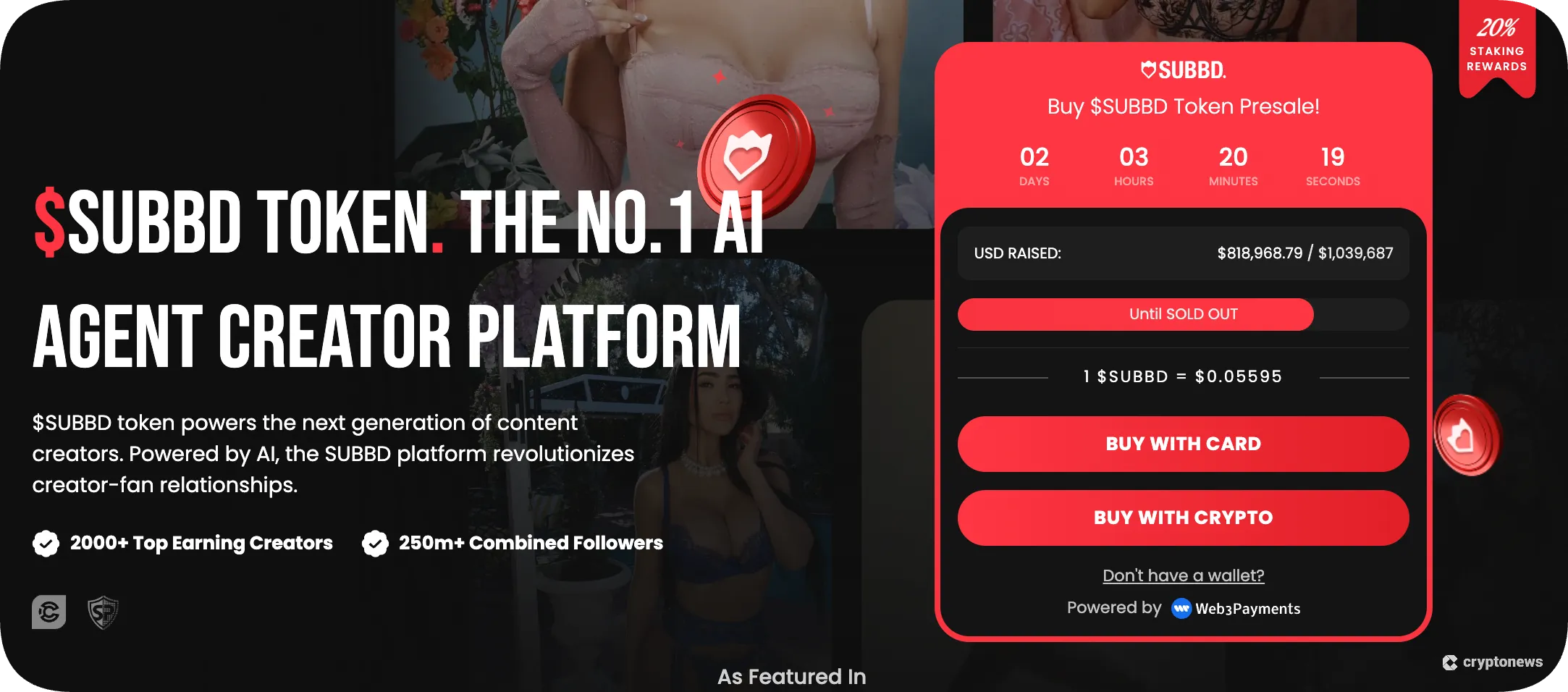 SUBBD token presale dashboard promoting AI agent creator platform for influencers